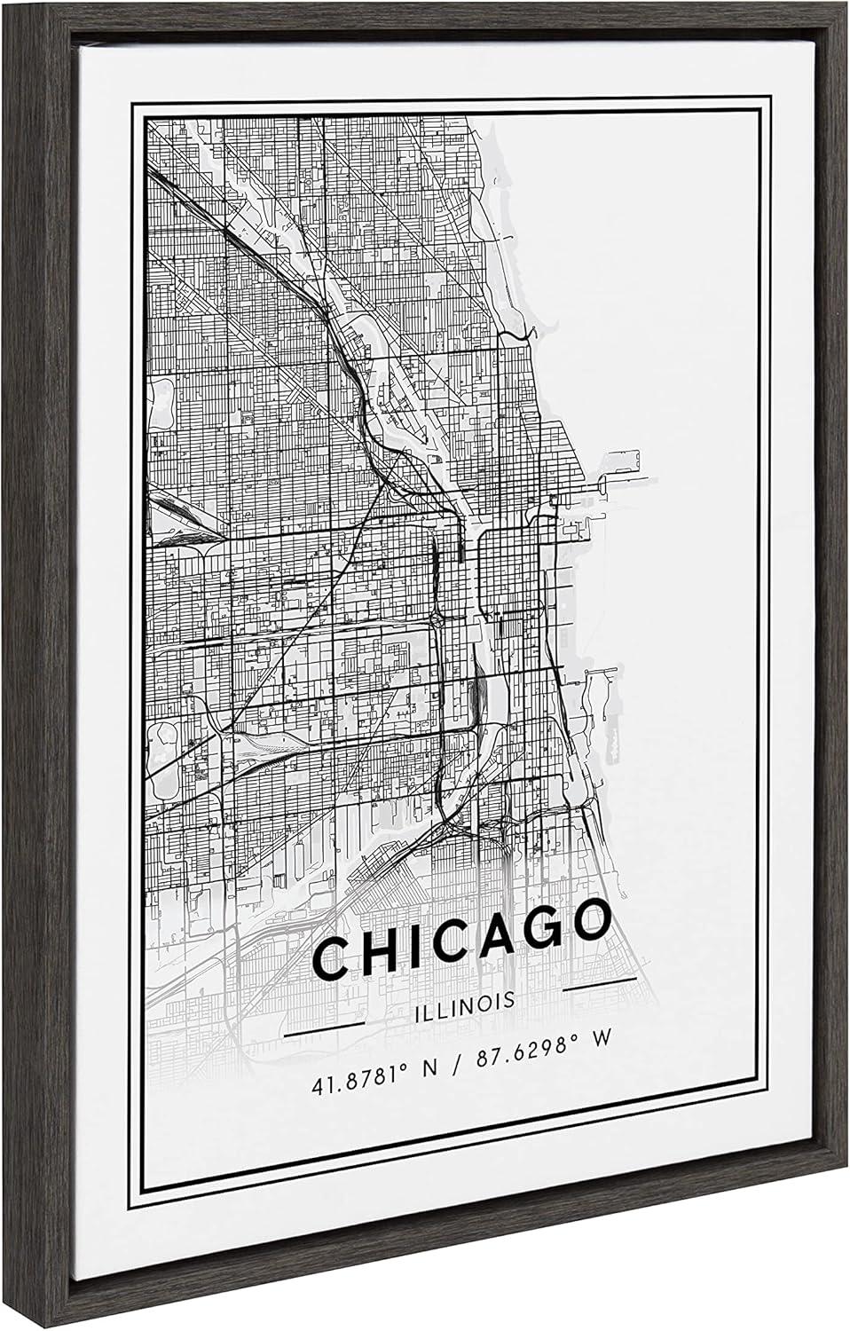 imageKate and Laurel Sylvie Chicago Modern Map Framed Canvas Wall Art by Jake Goossen 18x24 Gray Decorative Map Art for Wall