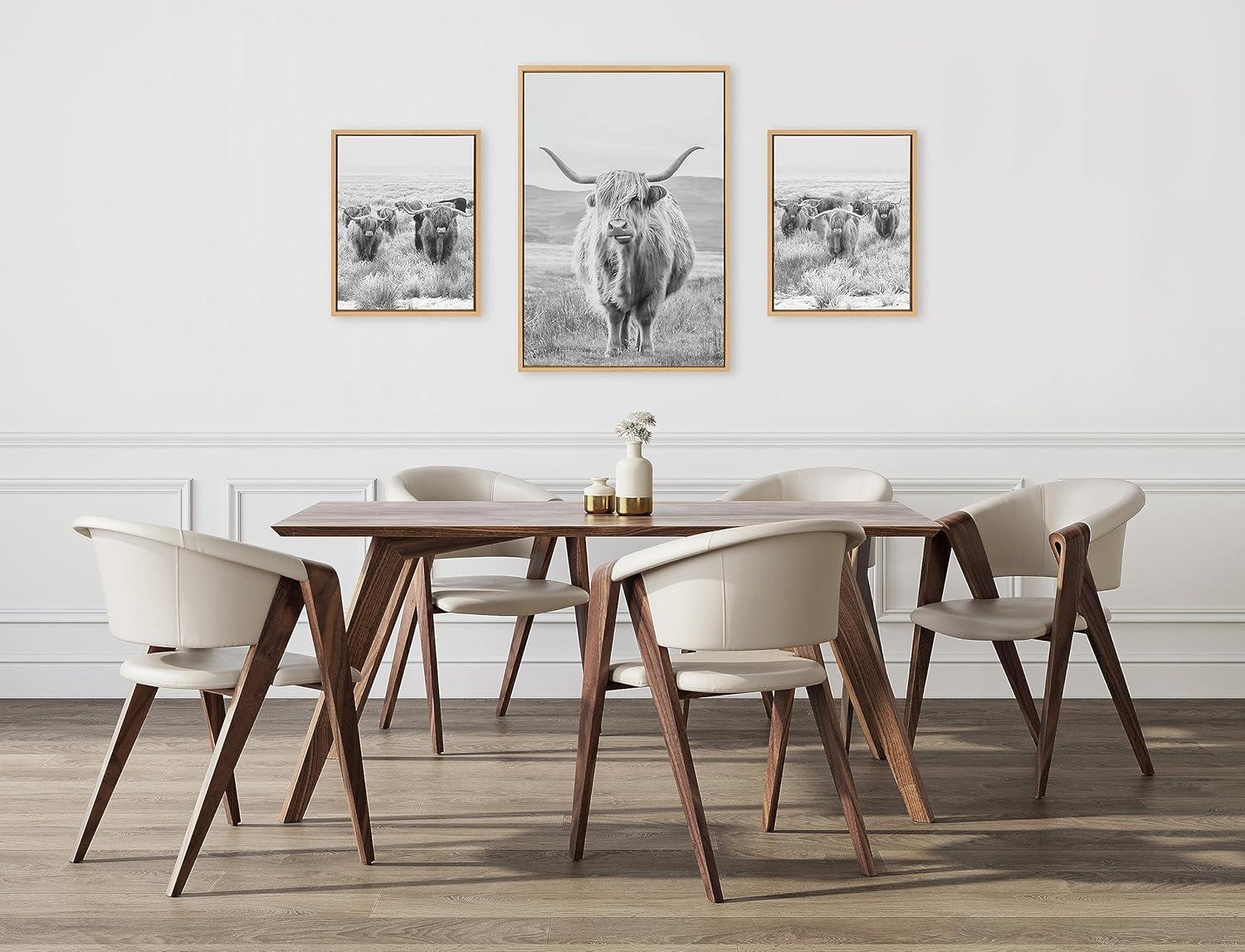 imageKate and Laurel Sylvie Herd of Highland Cows BW Left and Right and Highland Cow Mountain Landscape Framed Canvas Wall Art Set by The Creative Bunch Studio 3 Piece Set Natural Farm Animal Art