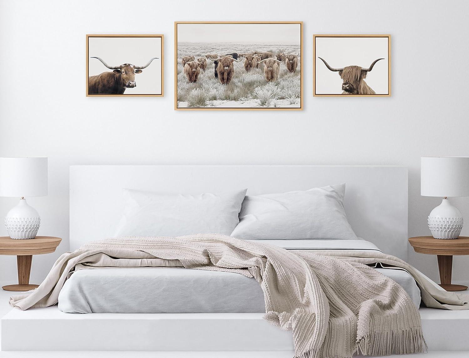 imageKate and Laurel Sylvie Texas Longhorn Highland Cow Portrait Close and Herd of Highland Cows Framed Canvas Wall Art Set by The Creative Bunch Studio 3 Piece Set Natural Farm Animal Cow Art for Wall
