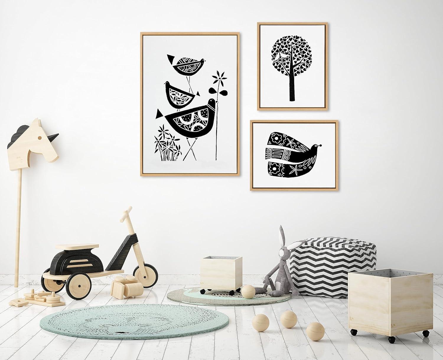 imageKate and Laurel Sylvie Trio Linocut Love Tree Linocut and Over the Cloud Linocut Framed Canvas Wall Art Set by Giuliana Lazzerini 3 Piece Set Natural Black and White Natural Art for Gallery Wall