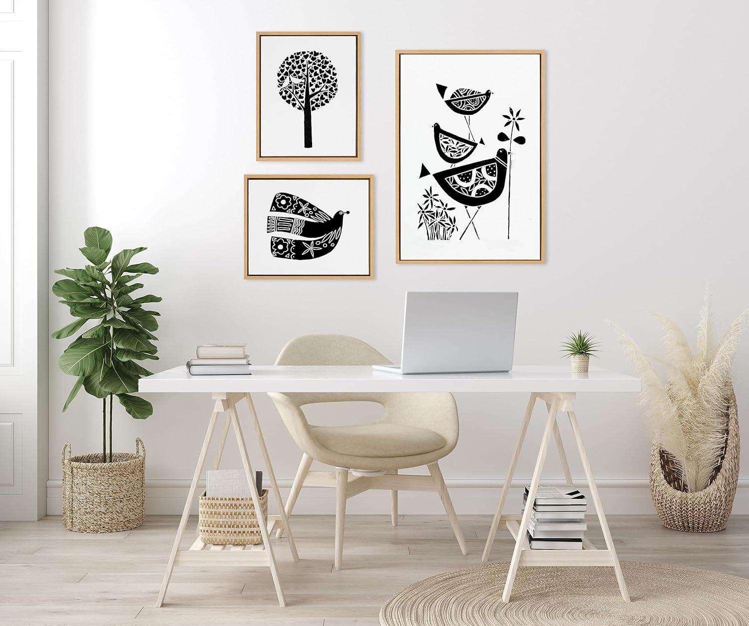 imageKate and Laurel Sylvie Trio Linocut Love Tree Linocut and Over the Cloud Linocut Framed Canvas Wall Art Set by Giuliana Lazzerini 3 Piece Set Natural Black and White Natural Art for Gallery Wall