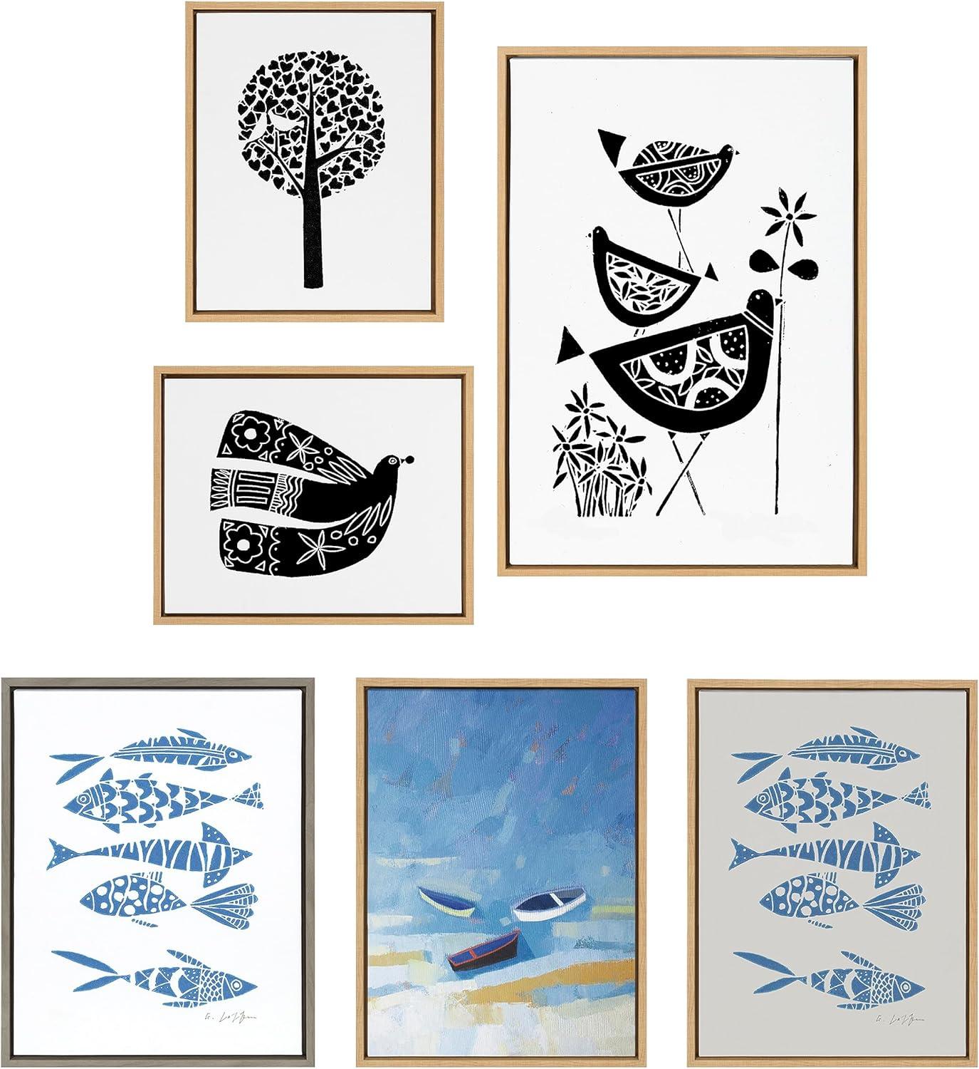 imageKate and Laurel Sylvie Trio Linocut Love Tree Linocut and Over the Cloud Linocut Framed Canvas Wall Art Set by Giuliana Lazzerini 3 Piece Set Natural Black and White Natural Art for Gallery Wall