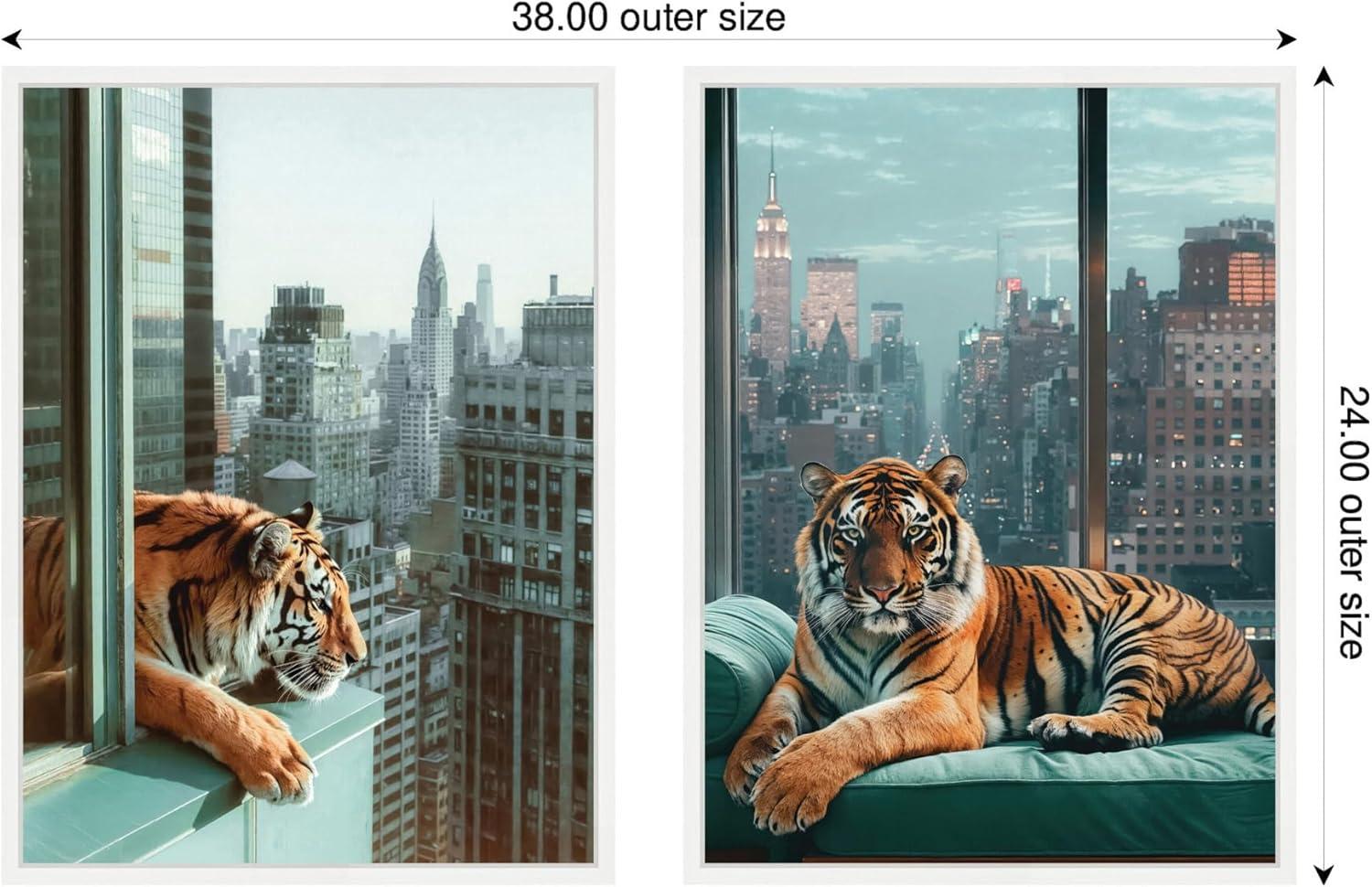 imageKate and Laurel Urban Tigers in New York Set of 2 18x24 Framed Canvas Wall Art Set by Michael Schauer Sylvie White Industrial Urban Animals Cityscapes Art for Wall Decor Living Room Bedroom