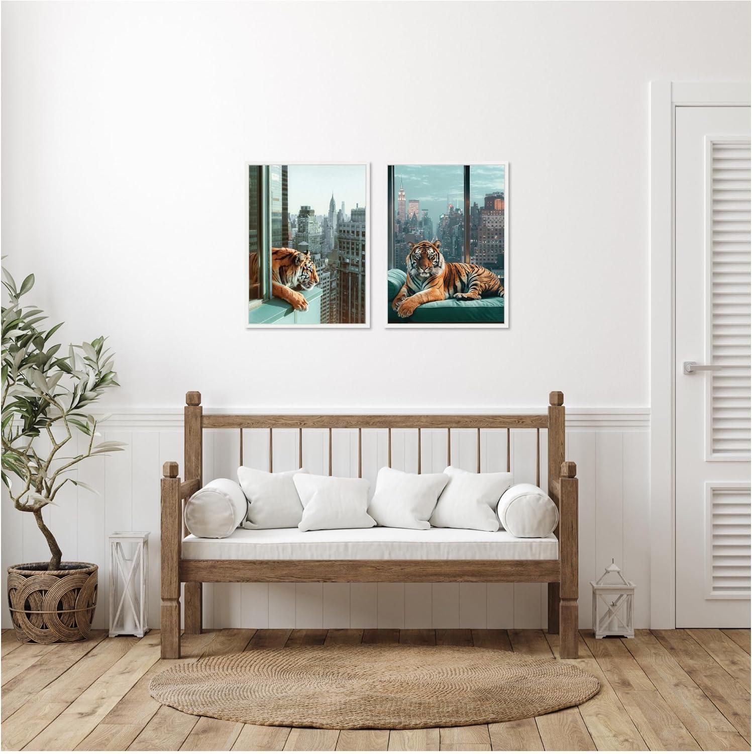 imageKate and Laurel Urban Tigers in New York Set of 2 18x24 Framed Canvas Wall Art Set by Michael Schauer Sylvie White Industrial Urban Animals Cityscapes Art for Wall Decor Living Room Bedroom