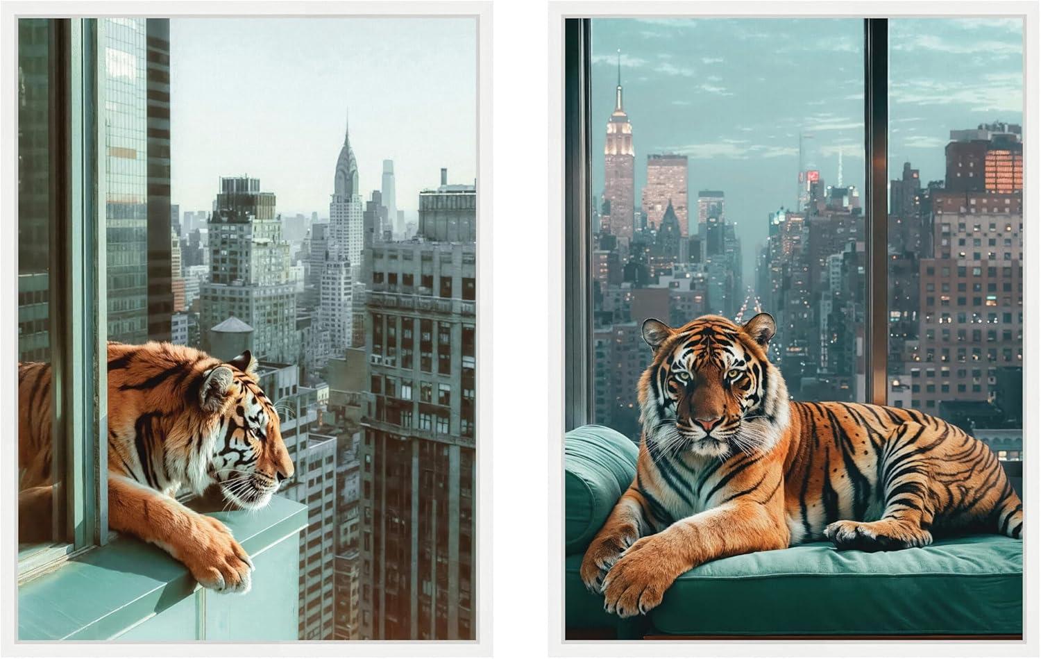 imageKate and Laurel Urban Tigers in New York Set of 2 18x24 Framed Canvas Wall Art Set by Michael Schauer Sylvie White Industrial Urban Animals Cityscapes Art for Wall Decor Living Room Bedroom