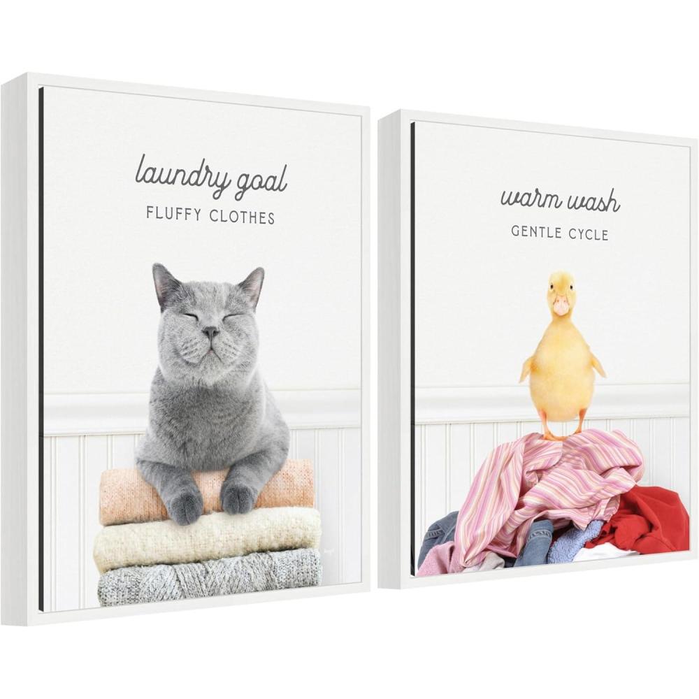 imageKate and Laurel Cat Laundry Goals and Ducky Gentle Cycle Set of 2 18x24 Framed Canvas Wall Art Set by Amy Peterson Sylvie White Whimsical Animals Humor Humor Animals Art for Wall Decor
