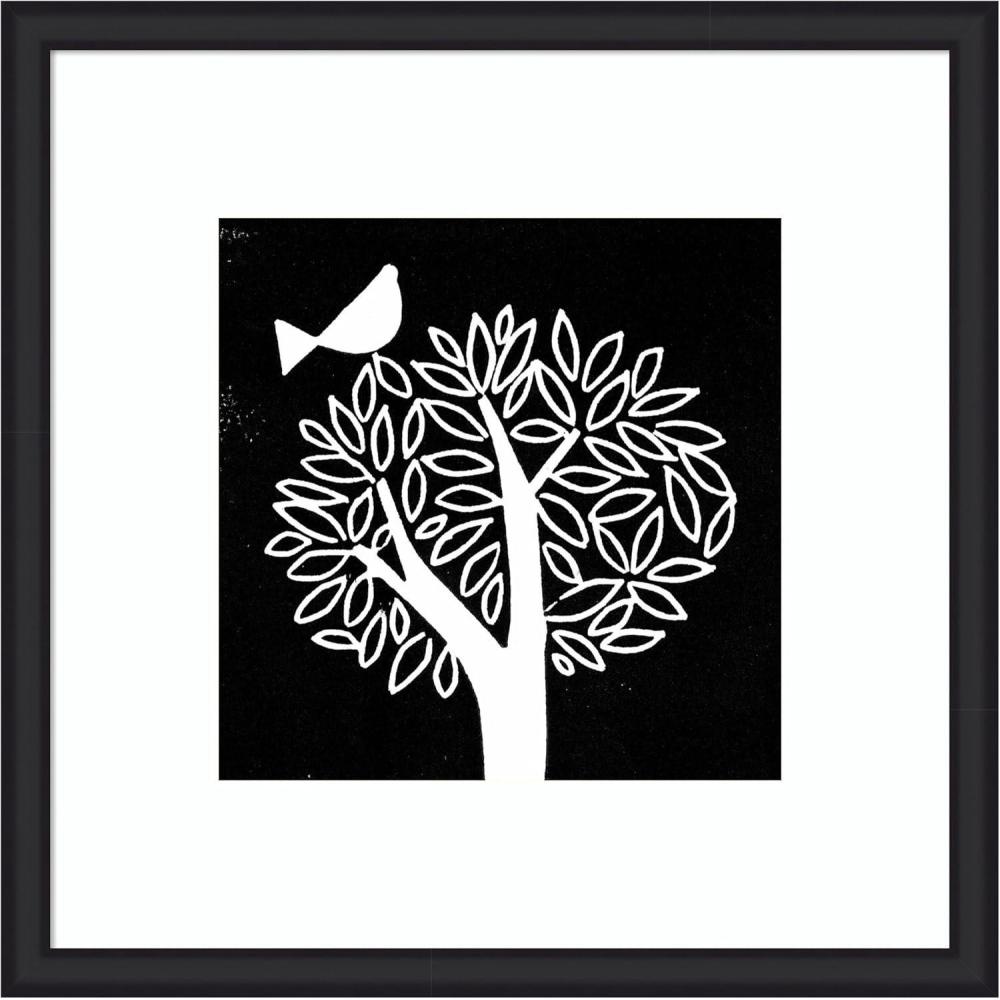 imageKate and Laurel Framed Wall Art Print Black and White Bird Tree Linocut by Giuliana Lazzerini Lazzerini 35 x 35 Oliver Black Narrow Frame Modern Contemporary Animals Nature Art for Wall Decor35L x 35W