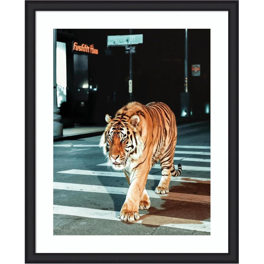 imageKate and Laurel Framed Wall Art Print Tiger in the City at Night 2 by Michael Schauer 34 x 42 Florence Medium Brown Frame Industrial Urban Animals Cityscapes Art for Wall Decor43L x 35W