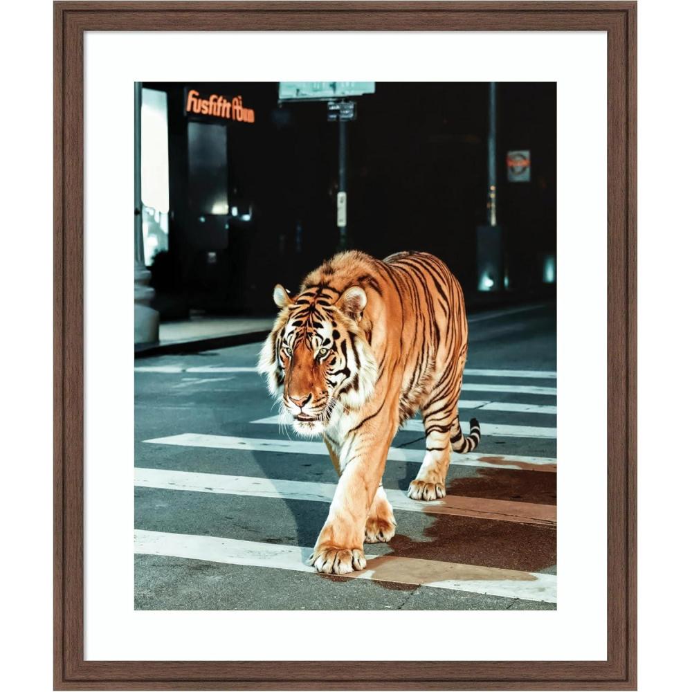 imageKate and Laurel Framed Wall Art Print Tiger in the City at Night 2 by Michael Schauer 34 x 42 Florence Medium Brown Frame Industrial Urban Animals Cityscapes Art for Wall Decor26L x 22W