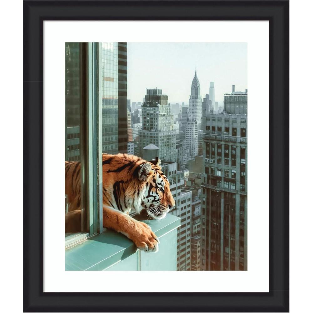 imageKate and Laurel Framed Wall Art Print Urban Tiger Overlooking Manhattan by Michael Schauer 35 x 43 Oliver Black Narrow Frame Industrial Urban Animals Cityscapes Art for Wall Decor27L x 23W