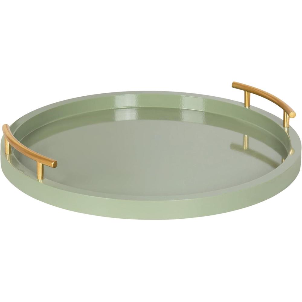 imageKate and Laurel Halsey Decorative Wooden Round Tray with Polished Metal Handles 16 Inch Diameter Black and Gold Modern Glam Wood Circle Serving Tray for Use as Ottoman or Coffee Table DecorGreen