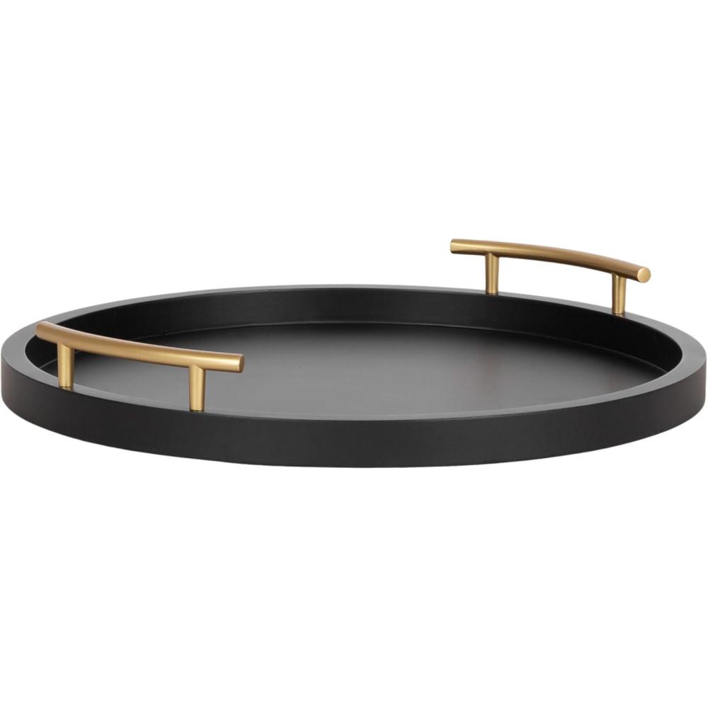 imageKate and Laurel Halsey Decorative Wooden Round Tray with Polished Metal Handles 16 Inch Diameter Black and Gold Modern Glam Wood Circle Serving Tray for Use as Ottoman or Coffee Table DecorBlackGold