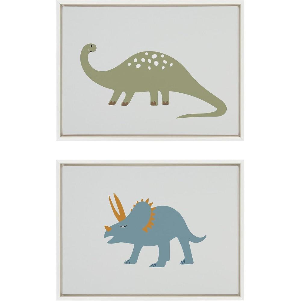 imageKate and Laurel Sylvie 1013 Brontosaurus and 1013 Triceratops Framed Canvas Wall Art Set by Teju Reval of SnazzyHues 2 Piece 18x24 White Fun Dinosaur Animal Art for Wall