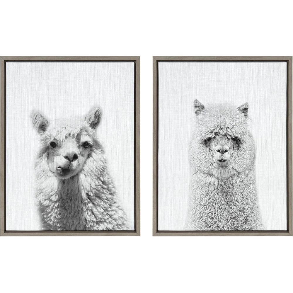 imageKate and Laurel Sylvie Alpaca Portrait and Hairy Alpaca Framed Canvas Wall Art by Simon Te of Tai Prints 18x24 Gray Adorable Animal Art Decor