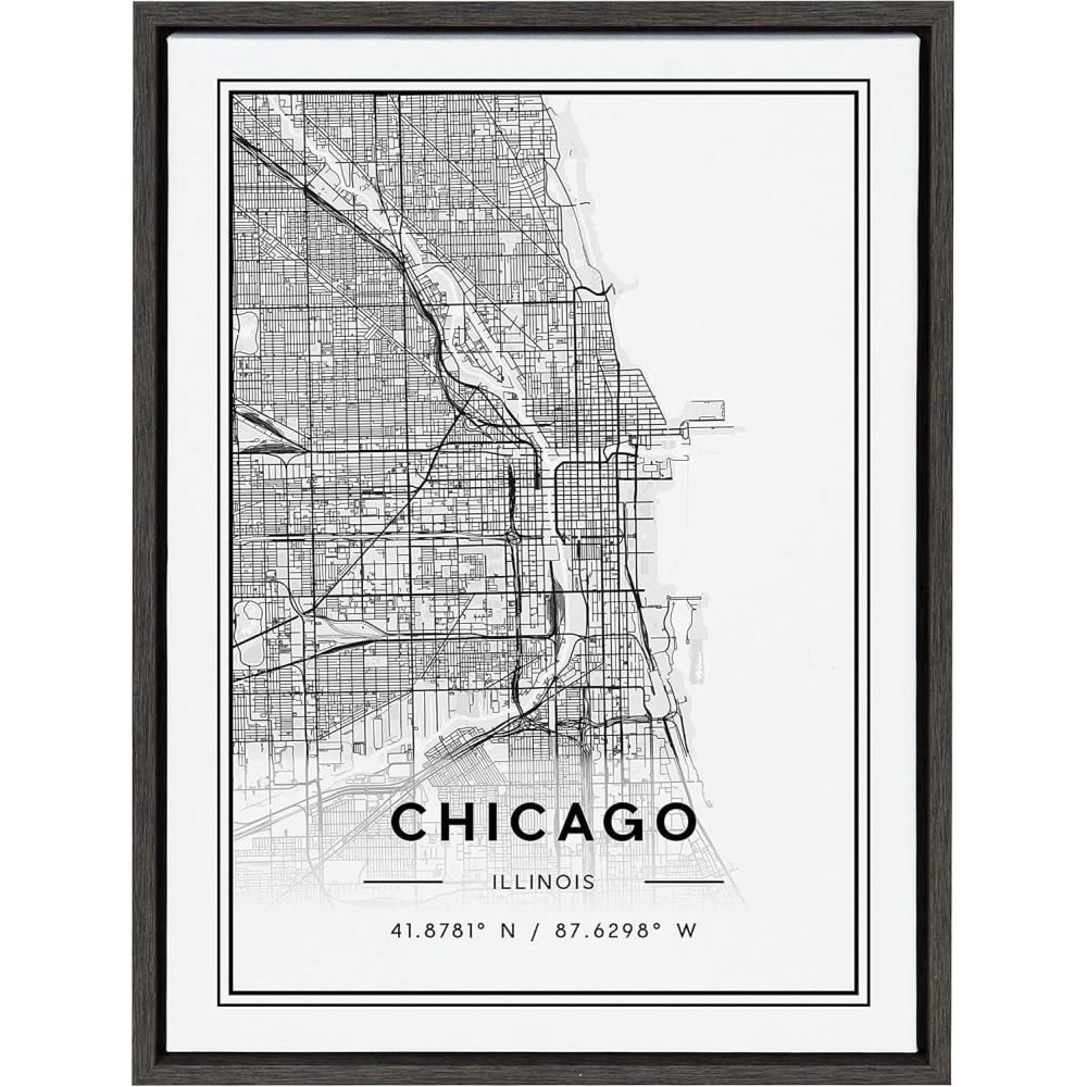 imageKate and Laurel Sylvie Chicago Modern Map Framed Canvas Wall Art by Jake Goossen 18x24 Gray Decorative Map Art for Wall