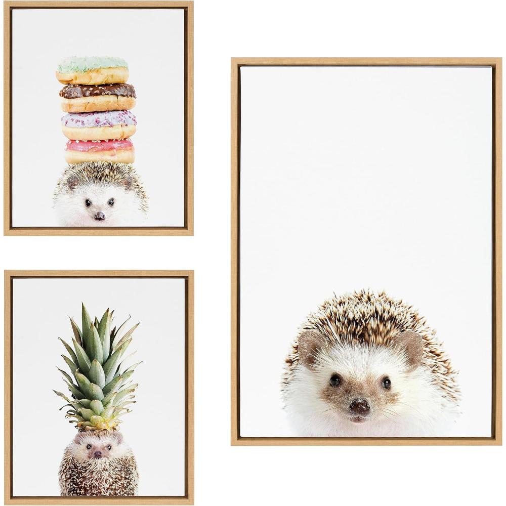 imageKate and Laurel Sylvie Hedgehog Hedgehog Donuts and Hedgehog Pineapple Framed Canvas Wall Art Set by Amy Peterson Art Studio 3 Piece Set Natural Cute Animal Art for Wall