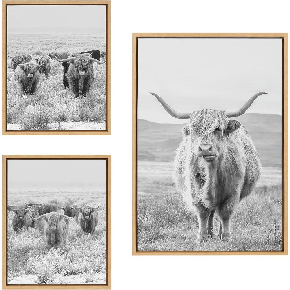 imageKate and Laurel Sylvie Herd of Highland Cows BW Left and Right and Highland Cow Mountain Landscape Framed Canvas Wall Art Set by The Creative Bunch Studio 3 Piece Set Natural Farm Animal Art