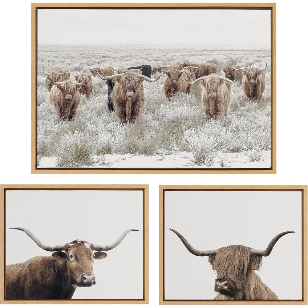 imageKate and Laurel Sylvie Texas Longhorn Highland Cow Portrait Close and Herd of Highland Cows Framed Canvas Wall Art Set by The Creative Bunch Studio 3 Piece Set Natural Farm Animal Cow Art for Wall