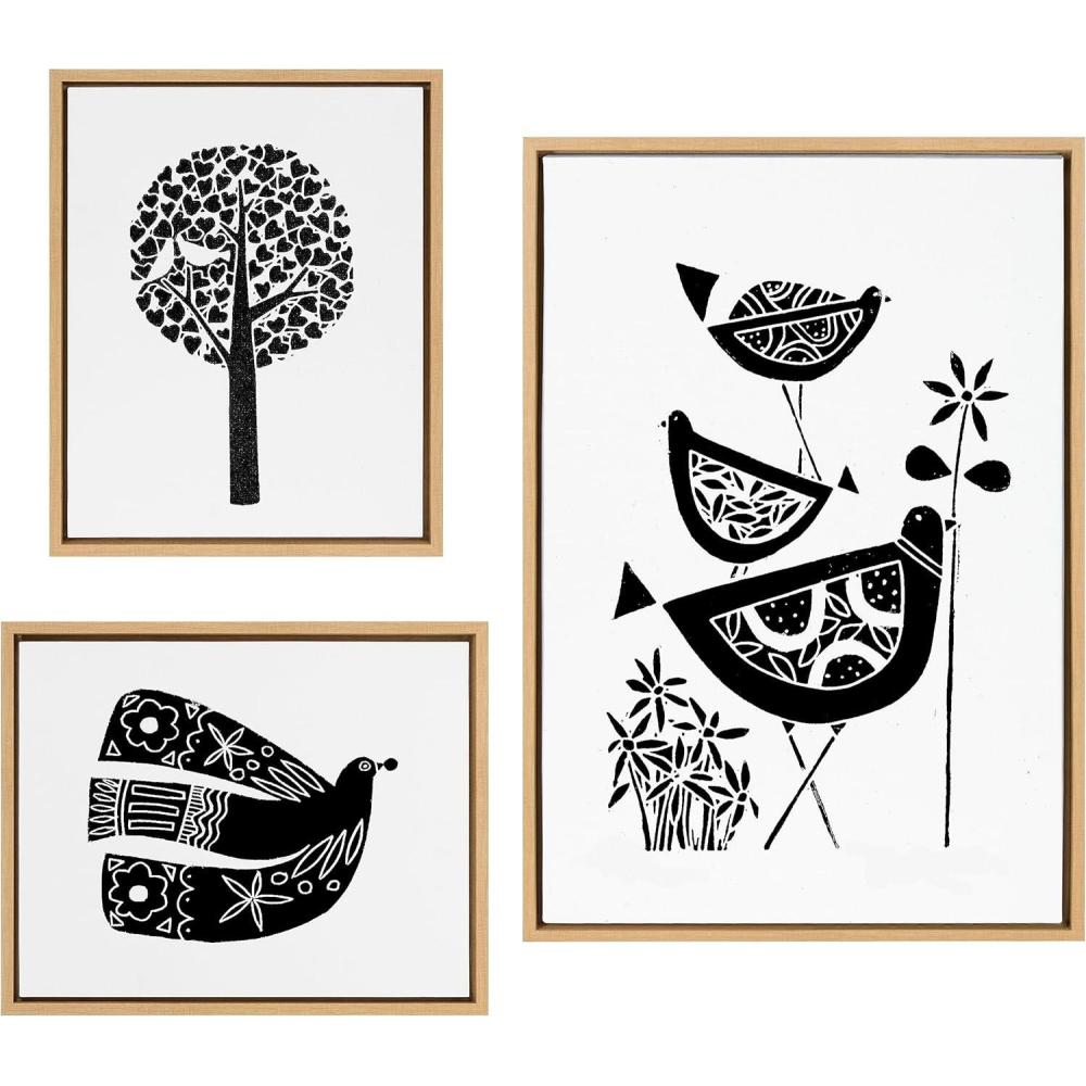 imageKate and Laurel Sylvie Trio Linocut Love Tree Linocut and Over the Cloud Linocut Framed Canvas Wall Art Set by Giuliana Lazzerini 3 Piece Set Natural Black and White Natural Art for Gallery Wall