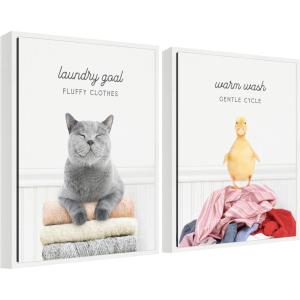 imageKate and Laurel Cat Laundry Goals and Ducky Gentle Cycle Set of 2 18x24 Framed Canvas Wall Art Set by Amy Peterson Sylvie White Whimsical Animals Humor Humor Animals Art for Wall Decor