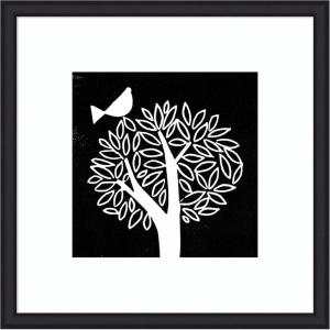 imageKate and Laurel Framed Wall Art Print Black and White Bird Tree Linocut by Giuliana Lazzerini Lazzerini 35 x 35 Oliver Black Narrow Frame Modern Contemporary Animals Nature Art for Wall Decor35L x 35W