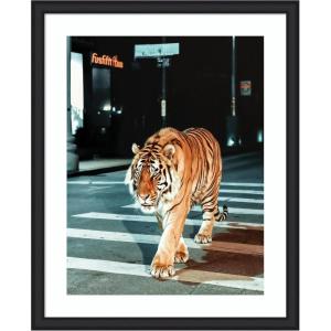 imageKate and Laurel Framed Wall Art Print Tiger in the City at Night 2 by Michael Schauer 34 x 42 Florence Medium Brown Frame Industrial Urban Animals Cityscapes Art for Wall Decor43L x 35W