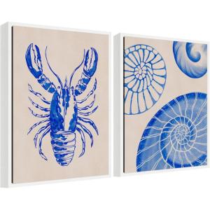 imageKate and Laurel Lobster and Ocean Charms 1 Set of 2 18x24 Framed Canvas Wall Art Set by Nikita Jariwala Sylvie White Coastal Animals Beach Abstract Beach Animals Art for Wall Decor Living