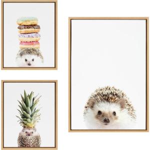imageKate and Laurel Sylvie Hedgehog Hedgehog Donuts and Hedgehog Pineapple Framed Canvas Wall Art Set by Amy Peterson Art Studio 3 Piece Set Natural Cute Animal Art for Wall