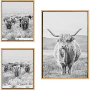 imageKate and Laurel Sylvie Herd of Highland Cows BW Left and Right and Highland Cow Mountain Landscape Framed Canvas Wall Art Set by The Creative Bunch Studio 3 Piece Set Natural Farm Animal Art