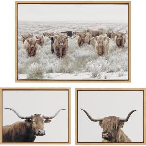 imageKate and Laurel Sylvie Texas Longhorn Highland Cow Portrait Close and Herd of Highland Cows Framed Canvas Wall Art Set by The Creative Bunch Studio 3 Piece Set Natural Farm Animal Cow Art for Wall