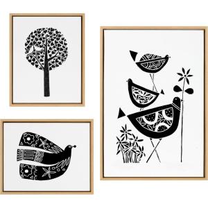 imageKate and Laurel Sylvie Trio Linocut Love Tree Linocut and Over the Cloud Linocut Framed Canvas Wall Art Set by Giuliana Lazzerini 3 Piece Set Natural Black and White Natural Art for Gallery Wall