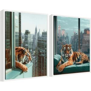 imageKate and Laurel Urban Tigers in New York Set of 2 18x24 Framed Canvas Wall Art Set by Michael Schauer Sylvie White Industrial Urban Animals Cityscapes Art for Wall Decor Living Room Bedroom