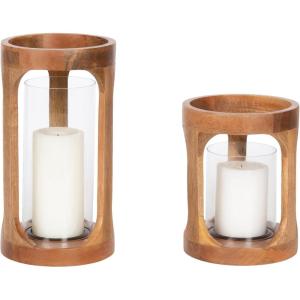 imageKate and Laurel Dahl Modern TwoPiece Candle Holder Set 7 x 12 and 7 x 9 Natural Wood Transitional Mango Wood Hurricane Candle Holders with Glass Cylinders for Living Room Decor
