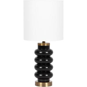 imageKate and Laurel Rogala Modern Glass Bedside Table Lamp 8 x 8 x 18 Blue and Antique Brass Decorative Sculpted Bubble Tabletop Desk Lamp with Linen Shade for Living Room DecorGoldBlack