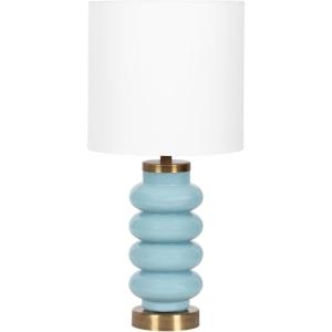 imageKate and Laurel Rogala Modern Glass Bedside Table Lamp 8 x 8 x 18 Blue and Antique Brass Decorative Sculpted Bubble Tabletop Desk Lamp with Linen Shade for Living Room DecorBlueGold