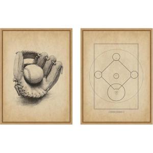 imageKate and Laurel Antique Baseball 2 Piece Framed Canvas Wall Art Set by The Creative Bunch Studio Sylvie Natural Vintage Sport Art for Wall Decor