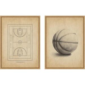 imageKate and Laurel Antique Basketball 2 Piece Framed Canvas Wall Art Set by The Creative Bunch Studio Sylvie Natural Vintage Sport Art for Wall Decor