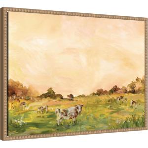 imageKate and Laurel Framed Canvas Wall Art Print AQ Cows by Annie Quigley 24 x 18 Sylvie Beaded Rustic Natural Frame Rustic Farmhouse Landscape Art for Wall Decor