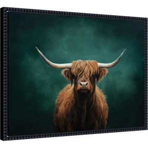 imageKate and Laurel Framed Canvas Wall Art Print Highland Cow on Tonal Teal Green Abstract by The Creative Bunch Studio 24 x 18 Sylvie Beaded Black Frame Rustic Farmhouse Abstract Art for Wall DecorSylvie Beaded Black