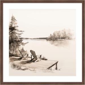 image:imageKate and Laurel Framed Wall Art Print Abstract Sketch Of Adirondack Chairs On A Dock by The Creative Bunch Studio 26 x 26 Florence Medium Brown Frame Rustic Farmhouse Landscape Art for Wall Decor34L x 34W
