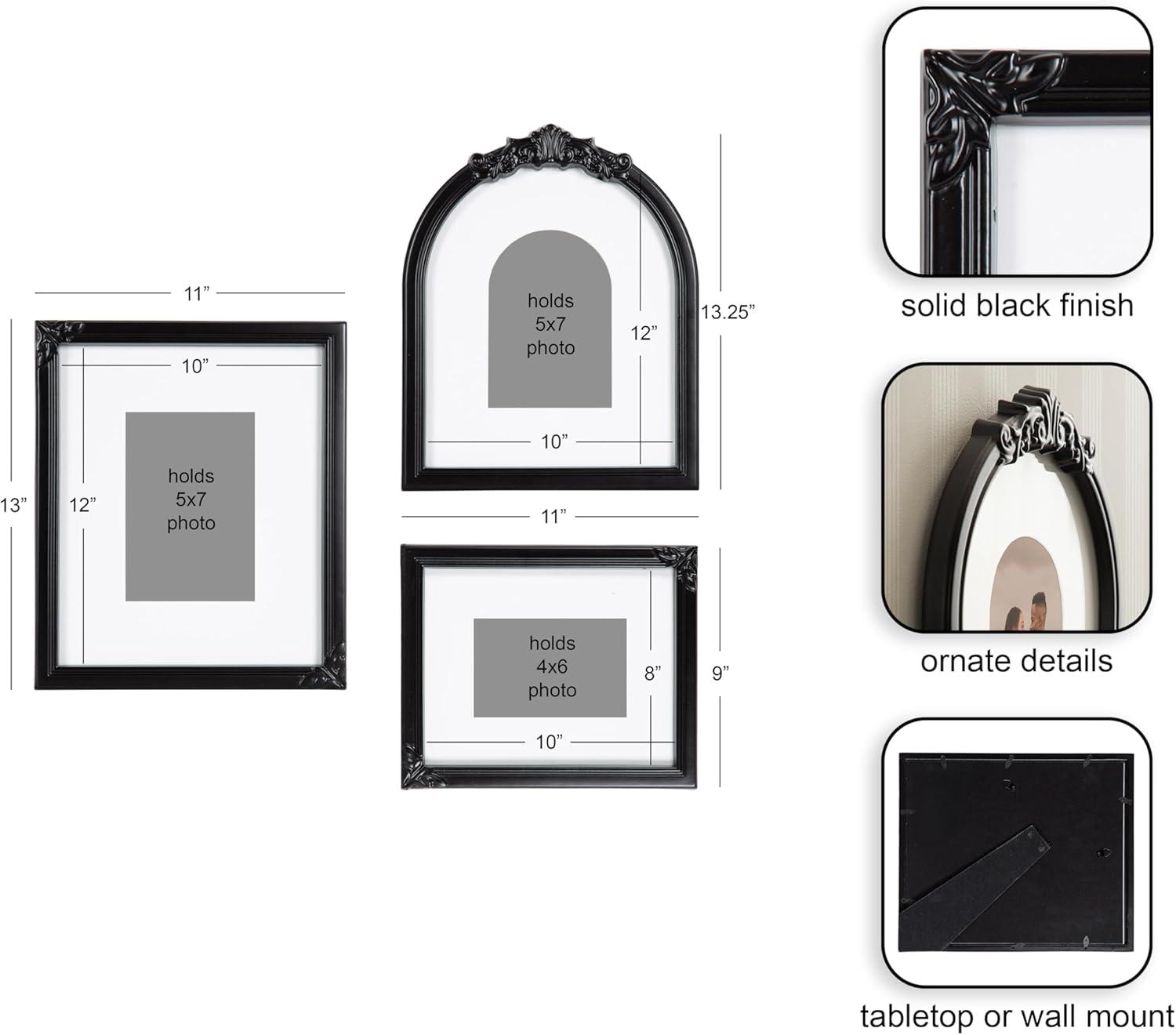 image:imageKate and Laurel Arendahl ThreePiece Picture Frame Set Silver Set of 3 Varying Sizes Vintage Rectangle and Arched Photo Frame Set for Use as Gallery Wall FramesBlack