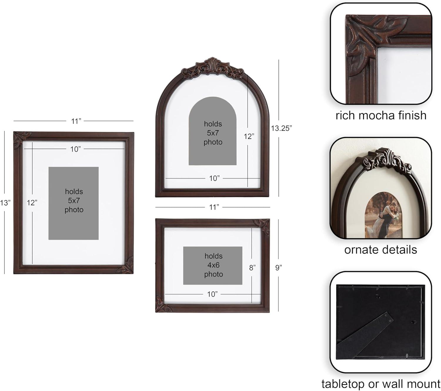 image:imageKate and Laurel Arendahl ThreePiece Picture Frame Set Silver Set of 3 Varying Sizes Vintage Rectangle and Arched Photo Frame Set for Use as Gallery Wall FramesDark Brown