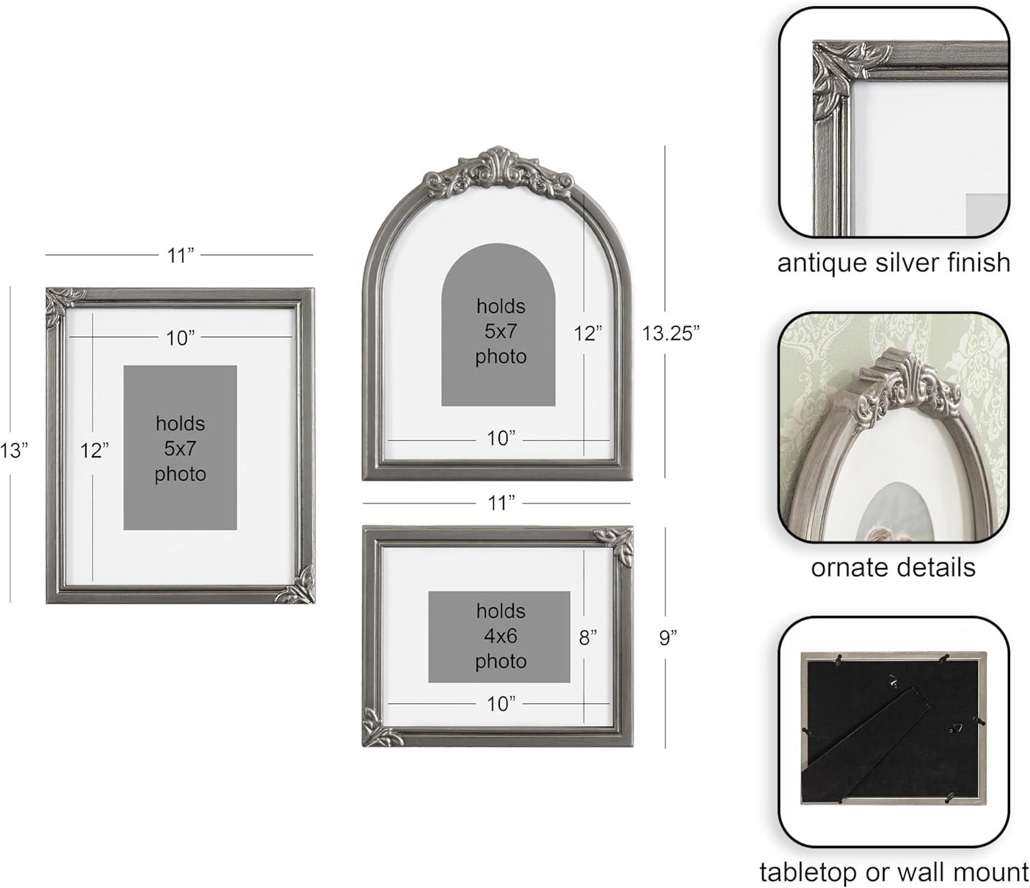 image:imageKate and Laurel Arendahl ThreePiece Picture Frame Set Silver Set of 3 Varying Sizes Vintage Rectangle and Arched Photo Frame Set for Use as Gallery Wall FramesSilver
