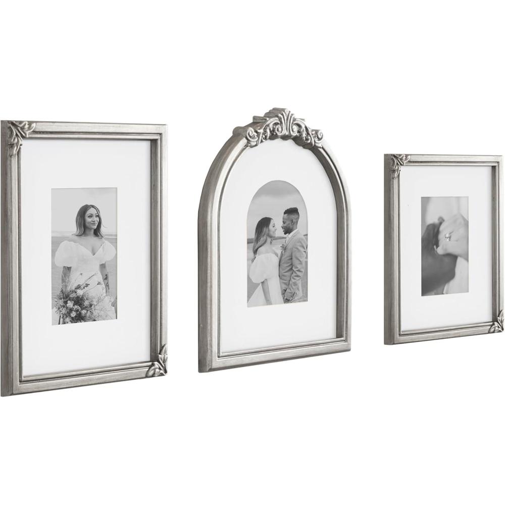 image:imageKate and Laurel Arendahl ThreePiece Picture Frame Set Silver Set of 3 Varying Sizes Vintage Rectangle and Arched Photo Frame Set for Use as Gallery Wall FramesSilver