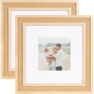 image:imageKate and Laurel Corah Modern Square Faux Rattan Picture Frame Set of 2 14 x 14 matted to 8 x 8 Natural Boho TwoPiece Glass Photo Frame Set for Gallery Wall Design in Living Room Wall Decor14x14 matted to 8x8