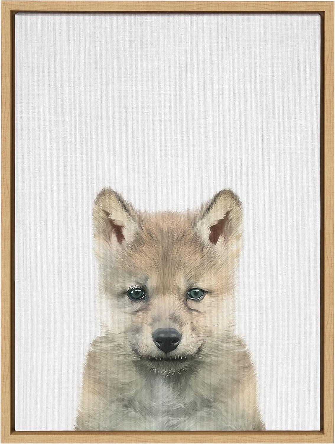 image:imageKate and Laurel Sylvie Baby Wolf Color Illustration Framed Canvas Wall Art by Simon Te of Tai Prints 18x24 Natural Adorable Animal Art Wall DcorNatural