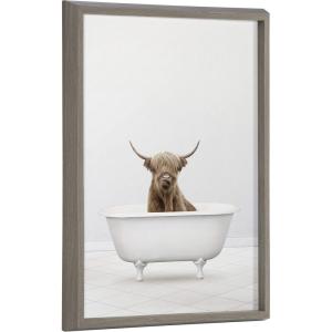 image:imageKate and Laurel Blake Highland Cow Solo Bathtub Framed Printed Glass Wall Art by Amy Peterson 18x24 Gray Adorable Animal Art for WallGray