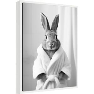 image:imageKate and Laurel Bunny Bathroom Art Towel Robe Black and White Framed Canvas Wall Art by The Creative Bunch Studio 18 x 24 Sylvie White Whimsical Animals Bathroom Art for Wall Decor Living Room