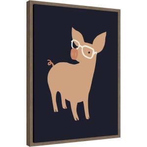 image:imageKate and Laurel Farm Pig Framed Canvas Wall Art by Hannah Beisang 18 x 24 Sylvie Walnut Whimsical Animals Humor Art for Wall Decor Living Room Bedroom