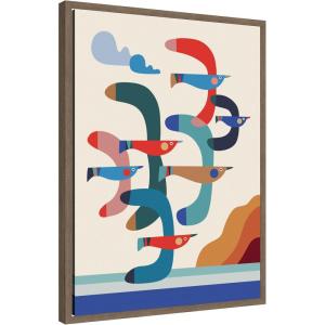 image:imageKate and Laurel Framed Canvas Wall Art Print Seagulls Coastal Vibes by Rachel Lee 18 x 24 Sylvie Walnut Frame Whimsical Abstract Art for Wall Decor